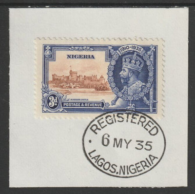 Nigeria 1935 KG5 Silver Jubilee 3d (SG 32) on piece with full strike of Madame Joseph forged postmark type 300 (First day of issue)