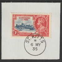 St Kitts-Nevis 1935 KG5 Silver Jubilee 1d (SG 61) on piece with full strike of Madame Joseph forged postmark type 348 (First day of issue)