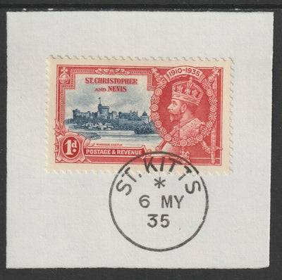 St Kitts-Nevis 1935 KG5 Silver Jubilee 1d (SG 61) on piece with full strike of Madame Joseph forged postmark type 348 (First day of issue)