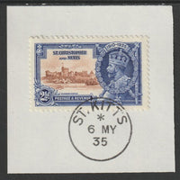 St Kitts-Nevis 1935 KG5 Silver Jubilee 2.5d (SG 63) on piece with full strike of Madame Joseph forged postmark type 348 (First day of issue)