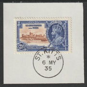 St Kitts-Nevis 1935 KG5 Silver Jubilee 2.5d (SG 63) on piece with full strike of Madame Joseph forged postmark type 348 (First day of issue)