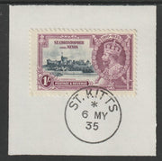 St Kitts-Nevis 1935 KG5 Silver Jubilee 1s (SG 64) on piece with full strike of Madame Joseph forged postmark type 348 (First day of issue)