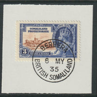 Somaliland 1935 KG5 Silver Jubilee 3a (SG 88) on piece with full strike of Madame Joseph forged postmark type 100 (First day of issue)