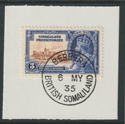 Somaliland 1935 KG5 Silver Jubilee 3a (SG 88) on piece with full strike of Madame Joseph forged postmark type 100 (First day of issue)