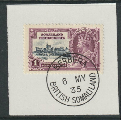 Somaliland 1935 KG5 Silver Jubilee 1r (SG 89) on piece with full strike of Madame Joseph forged postmark type 100 (First day of issue)
