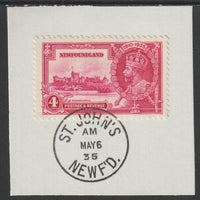 Newfoundland 1935 KG5 Silver Jubilee 4c (SG 250) on piece with full strike of Madame Joseph forged postmark type 272 (First day of issue)