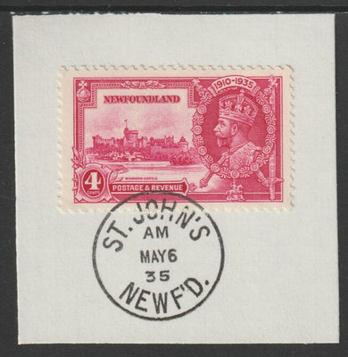Newfoundland 1935 KG5 Silver Jubilee 4c (SG 250) on piece with full strike of Madame Joseph forged postmark type 272 (First day of issue)