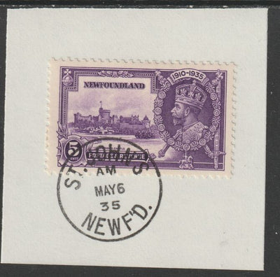 Newfoundland 1935 KG5 Silver Jubilee 5c (SG 251) on piece with full strike of Madame Joseph forged postmark type 272 (First day of issue)