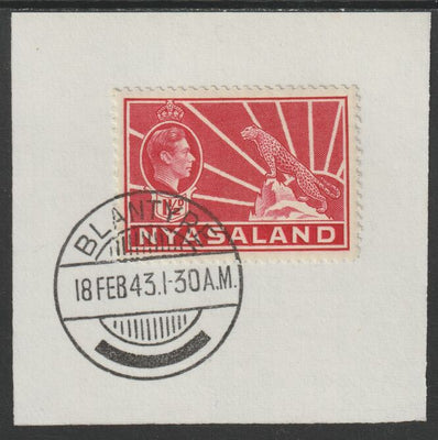 Nyasaland 1938-44 KG6 Leopard Symbol 1,5d carmine SG 132 on piece with full strike of Madame Joseph forged postmark type 317