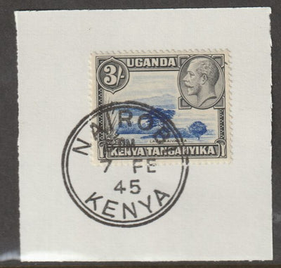 Kenya, Uganda & Tanganyika 1935 KG5 3s blue & black on piece cancelled with full strike of Madame Joseph forged postmark type 226