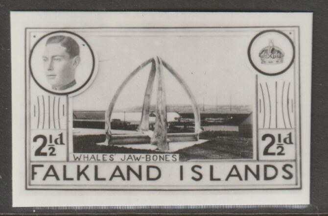 Falkland Islands 1936 KE8 2.5d Whales Jaw-bones stamp-sized B&W photographic essay showing three-quarter portrait of Edward 8th, unissed due to abdication