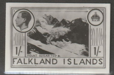 Falkland Islands 1936 KE8 1s Mount Sugar Top stamp-sized B&W photographic essay showing three-quarter portrait of Edward 8th, unissed due to abdication