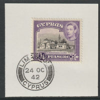Cyprus 1938-51 KG6 Church of St Barnabas 3/4pi black & violet SG 153 on piece with full strike of Madame Joseph forged postmark type 137
