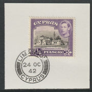 Cyprus 1938-51 KG6 Church of St Barnabas 3/4pi black & violet SG 153 on piece with full strike of Madame Joseph forged postmark type 137