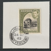 Cyprus 1938-51 KG6 Buyuk Khan 18pi black & olive SG 160 on piece with full strike of Madame Joseph forged postmark type 137