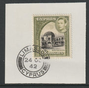 Cyprus 1938-51 KG6 Buyuk Khan 18pi black & olive SG 160 on piece with full strike of Madame Joseph forged postmark type 137