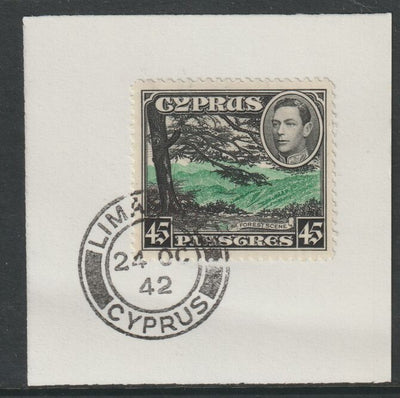 Cyprus 1938-51 KG6 Forest Scene 45pi black & olive SG 161 on piece with full strike of Madame Joseph forged postmark type 137