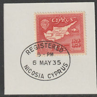 Cyprus 1928 KG5 50th Anniversary 1.5pi scarlet,on piece with full strike of Madame Joseph forged postmark type 132