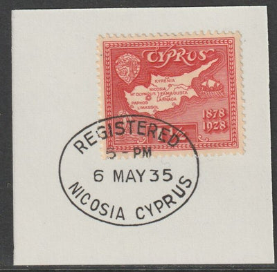 Cyprus 1928 KG5 50th Anniversary 1.5pi scarlet,on piece with full strike of Madame Joseph forged postmark type 132