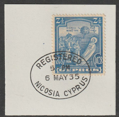 Cyprus 1928 KG5 50th Anniversary 2.5pi light blue,on piece with full strike of Madame Joseph forged postmark type 132
