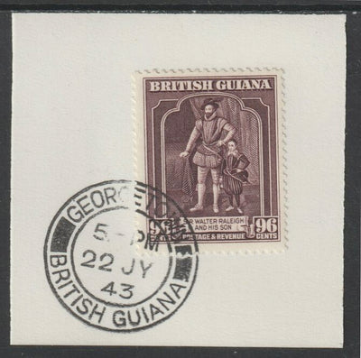 British Guiana 1938 KG6 Pictorial 96c Sir Walter Raleigh (SG316) on piece with full strike of Madame Joseph forged postmark type 72