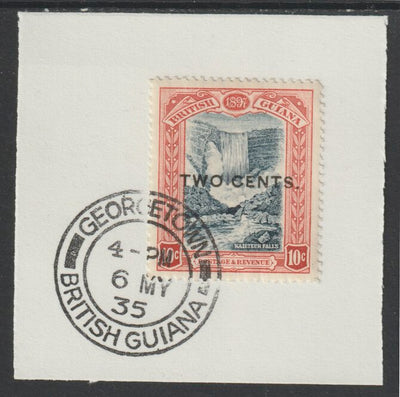 British Guiana 1899 Surcharged 2c on 10c Kaiteur Falls (SG223) on piece with full strike of Madame Joseph forged postmark type 72