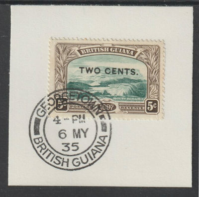 British Guiana 1899 Surcharged 2c on 5c Mount Roraima (SG222) on piece with full strike of Madame Joseph forged postmark type 72