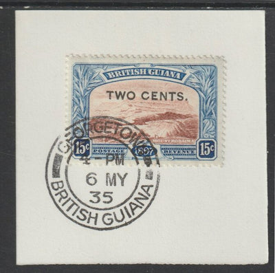 British Guiana 1899 Surcharged 2c on 15c Mount Roraima (SG224) on piece with full strike of Madame Joseph forged postmark type 72
