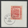 Brunei 1908 River Scene 3c scarlet (SG37) on piece with full strike of Madame Joseph forged postmark type 104
