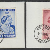 Seychelles 1948 KG6 Royal Silver Wedding set of 2 each on individual piece cancelled with full strike of Madame Joseph forged postmark type 389