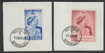 Seychelles 1948 KG6 Royal Silver Wedding set of 2 each on individual piece cancelled with full strike of Madame Joseph forged postmark type 389