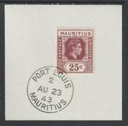 Mauritius 1938 KG6 25c brown-pirple on piece cancelled with full strike of Madame Joseph forged postmark type 255