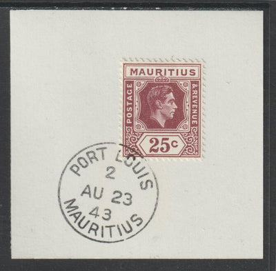 Mauritius 1938 KG6 25c brown-pirple on piece cancelled with full strike of Madame Joseph forged postmark type 255
