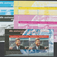 Madagascar 2021 60th Anniversary of Pres Kennedy,s Man on the Moon Speech #1 perf sheetlet containing 2 values - the set of 5 perf progressive proofs comprising the 4 individual colours plus all 4-colour composite, unmounted mint
