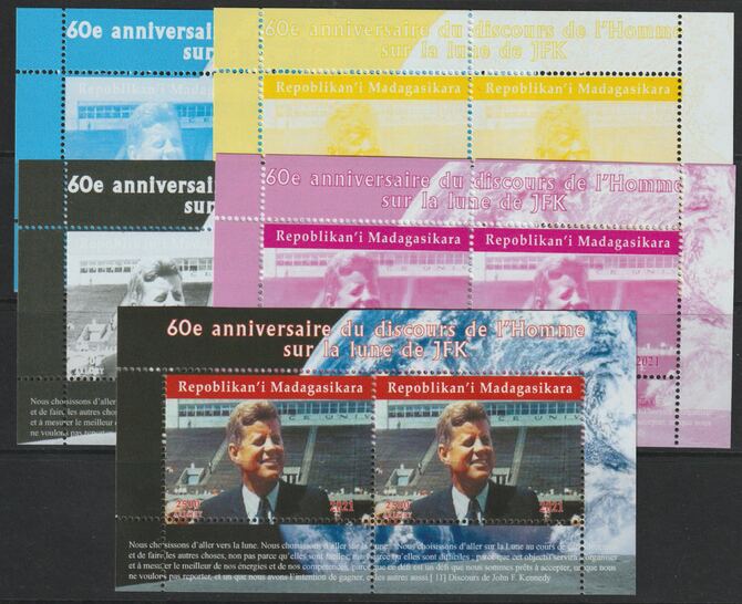 Madagascar 2021 60th Anniversary of Pres Kennedy,s Man on the Moon Speech #1 perf sheetlet containing 2 values - the set of 5 perf progressive proofs comprising the 4 individual colours plus all 4-colour composite, unmounted mint