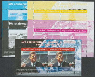 Madagascar 2021 60th Anniversary of Pres Kennedy,s Man on the Moon Speech #1 perf sheetlet containing 2 values - the set of 5 perf progressive proofs comprising the 4 individual colours plus all 4-colour composite, unmounted mint