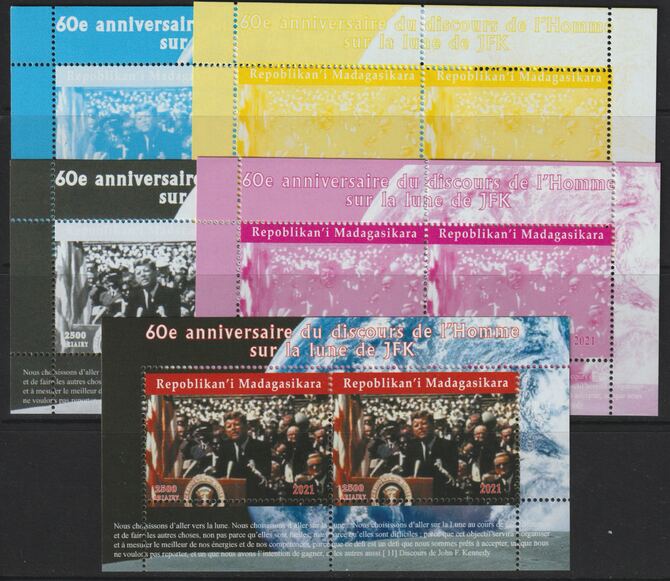 Madagascar 2021 60th Anniversary of Pres Kennedy,s Man on the Moon Speech #2 perf sheetlet containing 2 values - the set of 5 perf progressive proofs comprising the 4 individual colours plus all 4-colour composite, unmounted mint