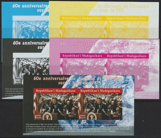 Madagascar 2021 60th Anniversary of Pres Kennedy,s Man on the Moon Speech #2 imperf sheetlet containing 2 values - the set of 5 imperf progressive proofs comprising the 4 individual colours plus all 4-colour composite, unmounted mint