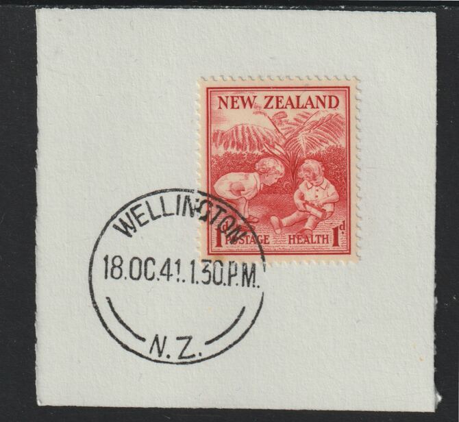 New Zealand 1938 Health - Children 1d+1d (SG 610) on piece with full strike of Madame Joseph forged postmark type 287