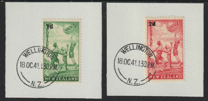 New Zealand 1939 Health - Children Playing with Beach Ball set of 2 (SG 611-12) on individual pieces each with full strike of Madame Joseph forged postmark type 287