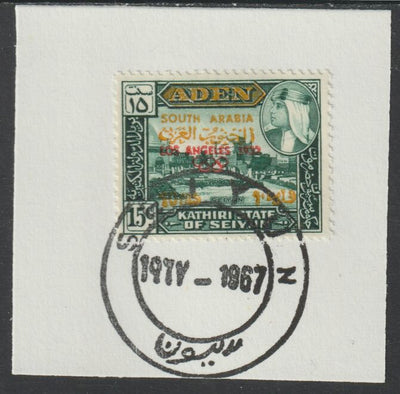 Aden - Kathiri 1966 History of Olympic Games surch 10 fils in 15c (Los Angeles 1932) on piece with full strike of Madame Joseph forged postmark type 10