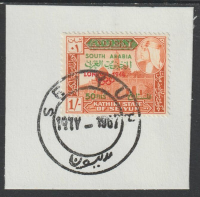 Aden - Kathiri 1966 History of Olympic Games surch 50 fils in 1s (London 1948) on piece with full strike of Madame Joseph forged postmark type 10