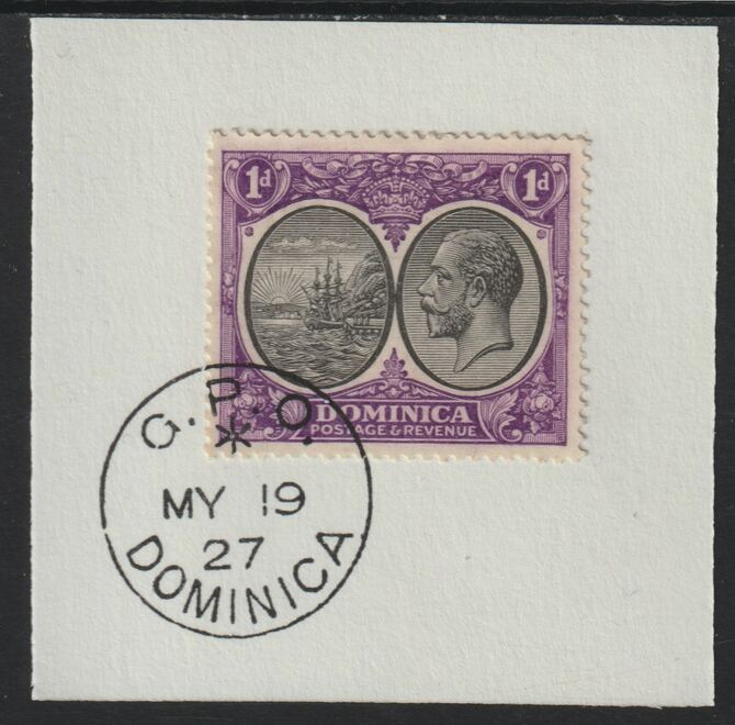 Dominica 1923-33KG5 Badge of Colony 1d black & violet on piece with full strike of Madame Joseph forged postmark type 139