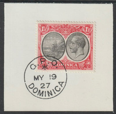 Dominica 1923-33KG5 Badge of Colony 1.5d black & scarlet on piece with full strike of Madame Joseph forged postmark type 139