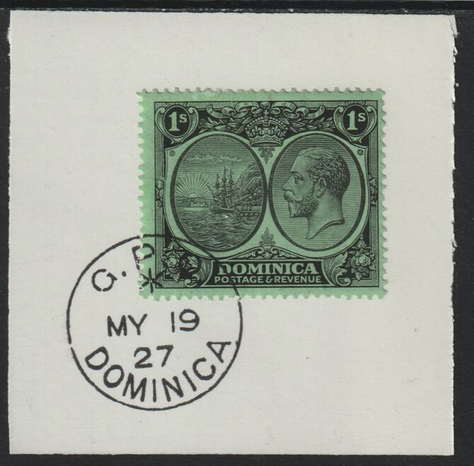 Dominica 1923-33KG5 Badge of Colony 1s black/emerald on piece with full strike of Madame Joseph forged postmark type 139