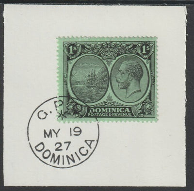 Dominica 1923-33KG5 Badge of Colony 1s black/emerald on piece with full strike of Madame Joseph forged postmark type 139