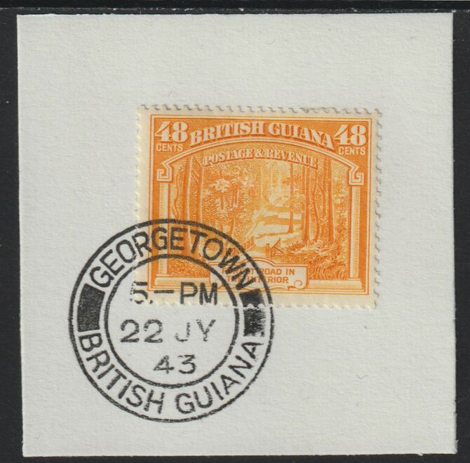 British Guiana 1938 KG6 Pictorial,48c Forest Road (SG314) on piece with full strike of Madame Joseph forged postmark type 72