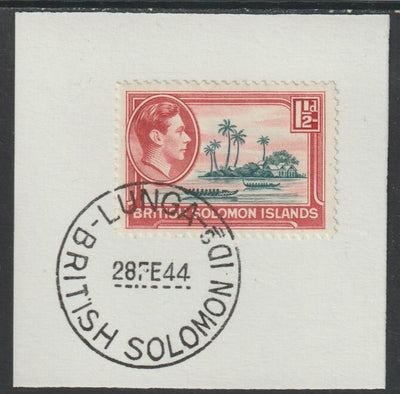 Solomon Islands 1939 KG6 Pictorial 1.5d on piece cancelled with full strike of Madame Joseph forged postmark type 97
