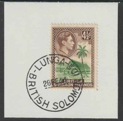 Solomon Islands 1939 KG6 Pictorial 4.5d on piece cancelled with full strike of Madame Joseph forged postmark type 97