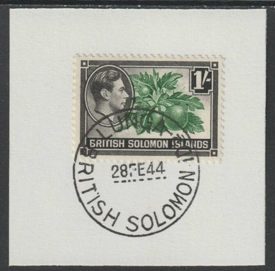 Solomon Islands 1939 KG6 Pictorial 1s on piece cancelled with full strike of Madame Joseph forged postmark type 97